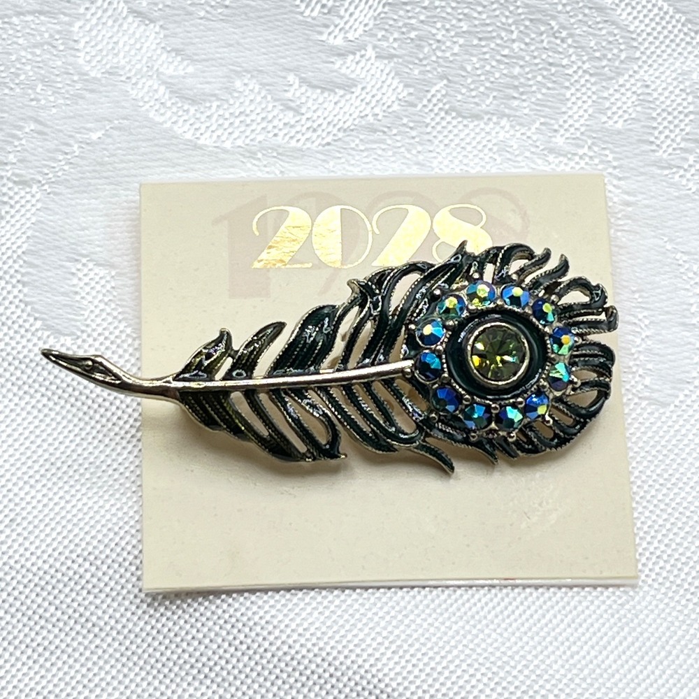 2028 Brand Feather Flower Brooch Gold Tone Black Enamel Blue & Green Rhinestones